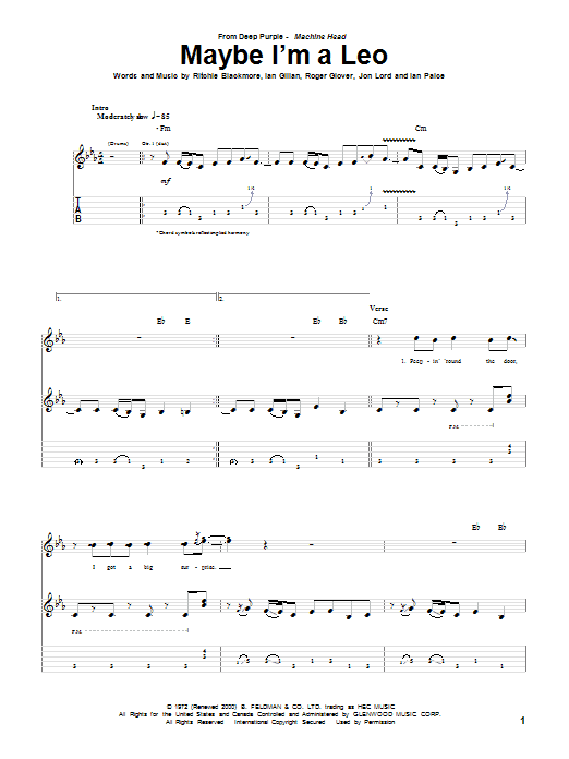 Download Deep Purple Maybe I'm A Leo Sheet Music and learn how to play Guitar Tab PDF digital score in minutes