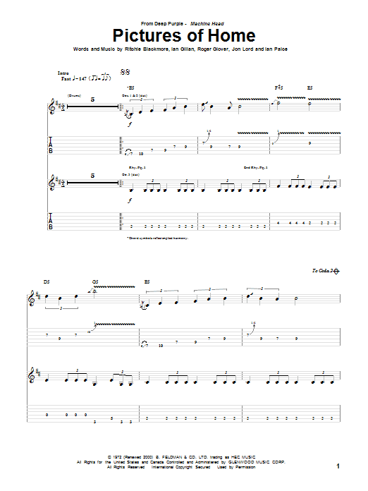 Download Deep Purple Pictures Of Home Sheet Music and learn how to play Guitar Tab PDF digital score in minutes