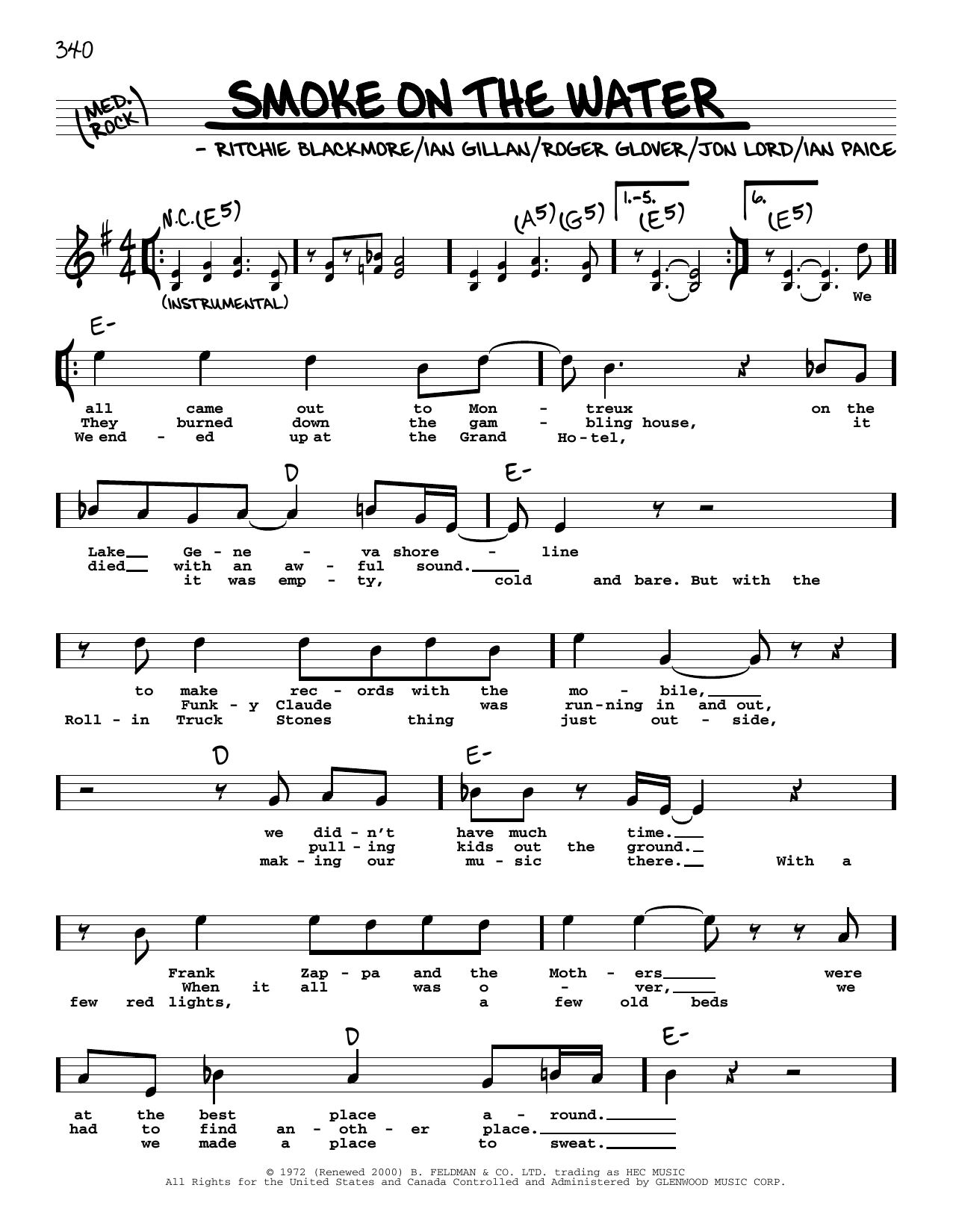 Download Deep Purple Smoke On The Water (High Voice) Sheet Music and learn how to play Real Book – Melody, Lyrics & Chords PDF digital score in minutes