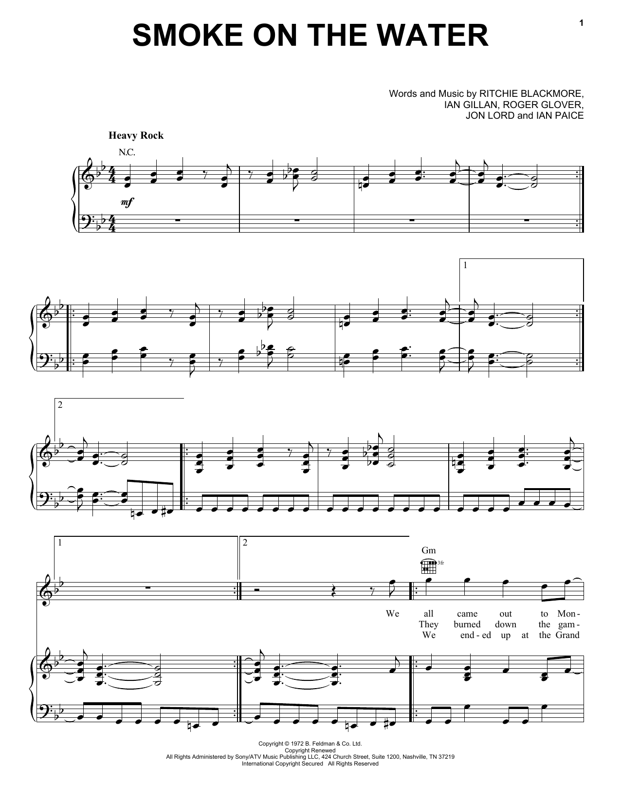 Deep Purple Smoke On The Water Sheet Music And Chords Download 2 Page Printable Pdf Easy Lead 6395