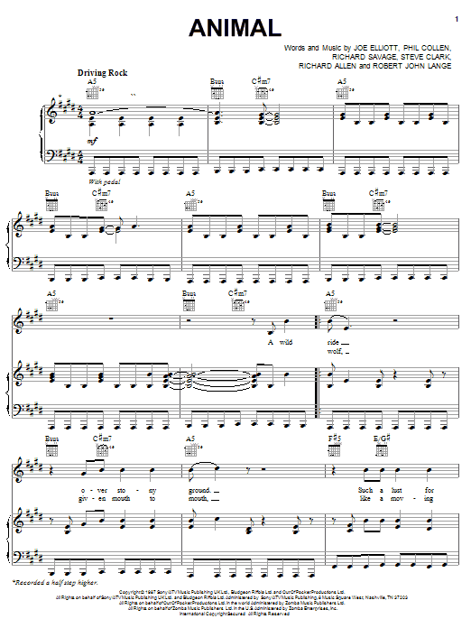 Download Def Leppard Animal Sheet Music and learn how to play Piano, Vocal & Guitar (Right-Hand Melody) PDF digital score in minutes