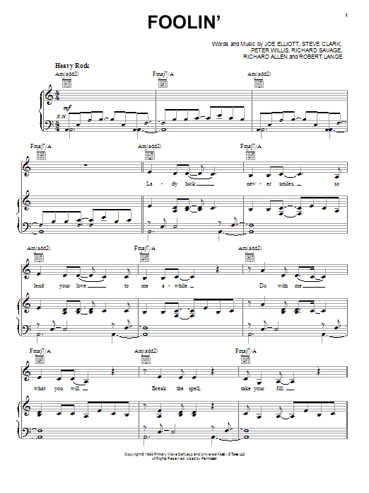 Download Def Leppard Foolin' Sheet Music and learn how to play Piano, Vocal & Guitar (Right-Hand Melody) PDF digital score in minutes