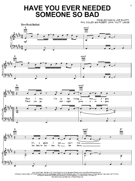 Download Def Leppard Have You Ever Needed Someone So Bad Sheet Music and learn how to play Lyrics & Chords PDF digital score in minutes