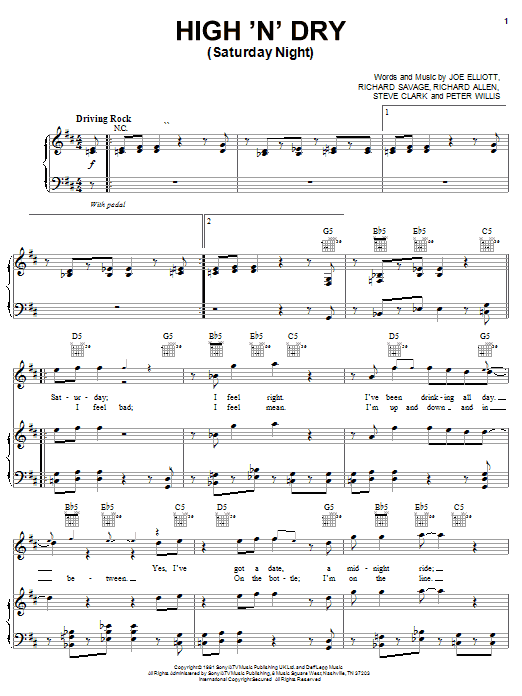 Download Def Leppard High 'N' Dry (Saturday Night) Sheet Music and learn how to play Piano, Vocal & Guitar (Right-Hand Melody) PDF digital score in minutes
