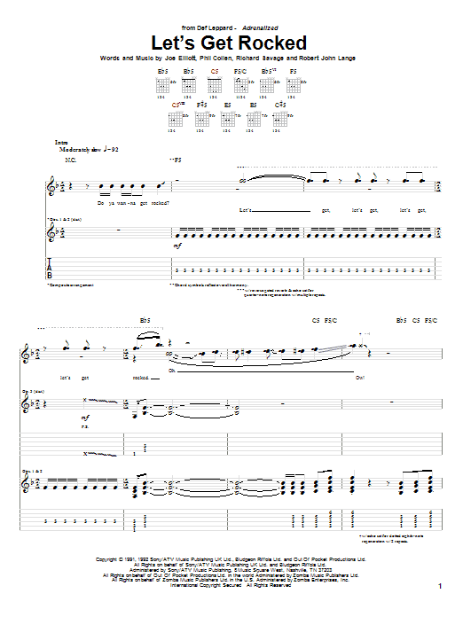 Download Def Leppard Let's Get Rocked Sheet Music and learn how to play Guitar Tab PDF digital score in minutes