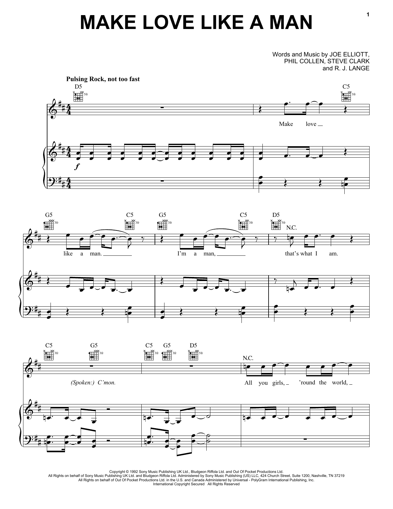 Download Def Leppard Make Love Like A Man Sheet Music and learn how to play Piano, Vocal & Guitar Chords (Right-Hand Melody) PDF digital score in minutes