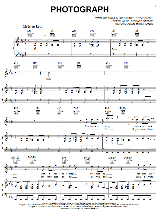Download Def Leppard Photograph Sheet Music and learn how to play Piano, Vocal & Guitar (Right-Hand Melody) PDF digital score in minutes