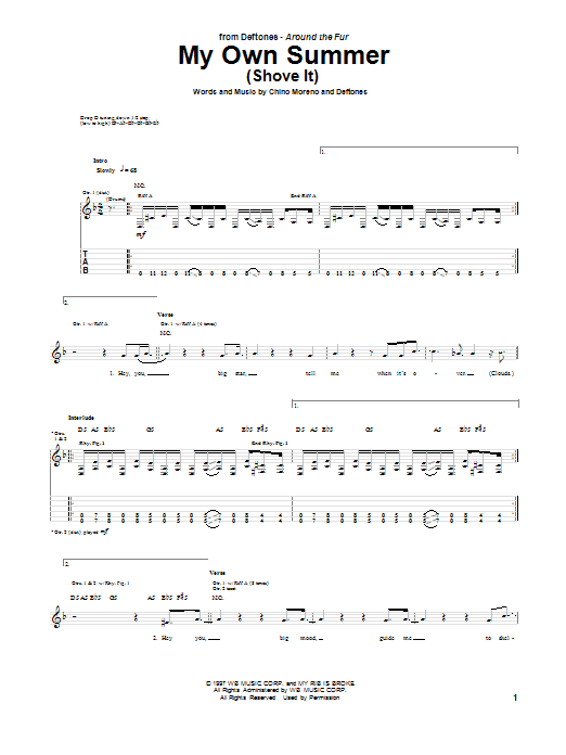 Download Deftones My Own Summer (Shove It) Sheet Music and learn how to play Guitar Tab PDF digital score in minutes