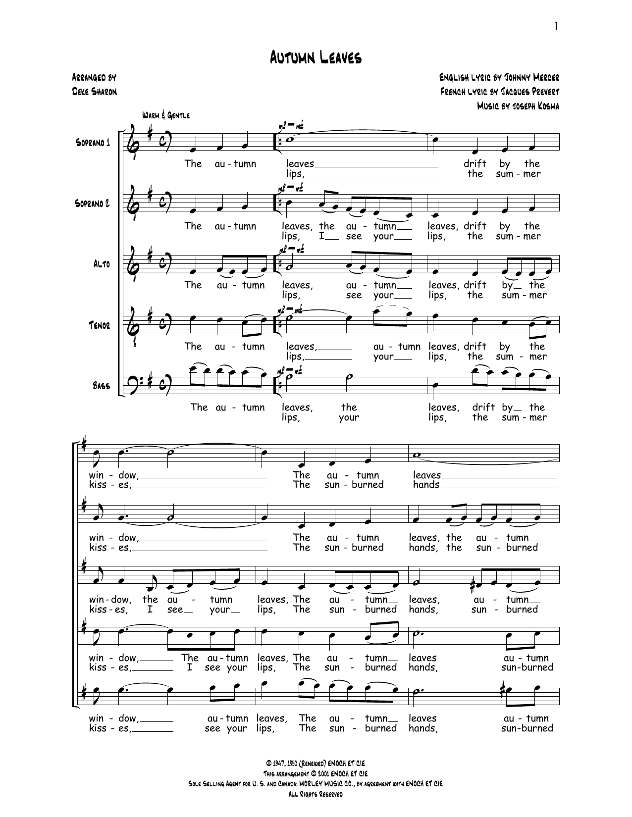 Download Deke Sharon Autumn Leaves Sheet Music and learn how to play SSATB Choir PDF digital score in minutes