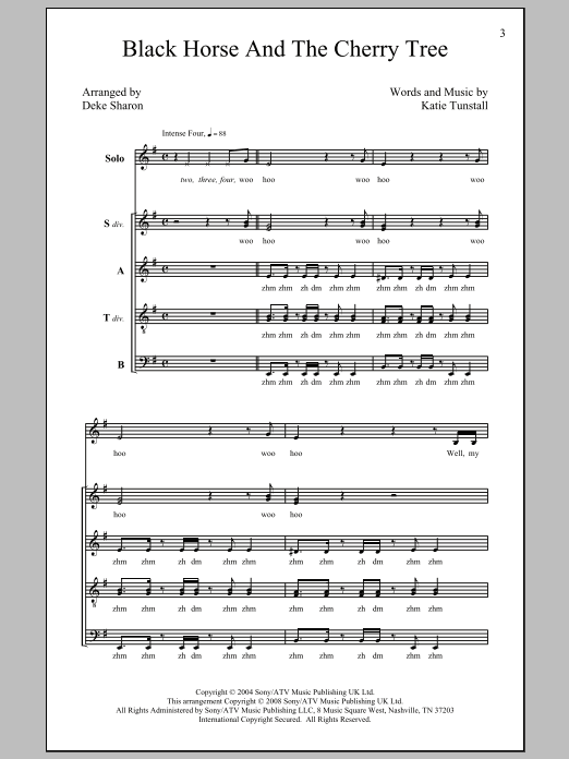 Download KT Tunstall Black Horse And The Cherry Tree (arr. Deke Sharon) Sheet Music and learn how to play SATB PDF digital score in minutes