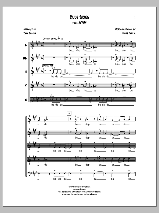 Download Deke Sharon Blue Skies Sheet Music and learn how to play SSATB Choir PDF digital score in minutes