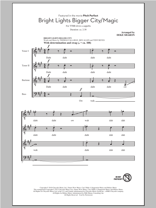 Download Pitch Perfect (Movie) Bright Lights Bigger City Magic (arr. Deke Sharon) Sheet Music and learn how to play TTBB PDF digital score in minutes