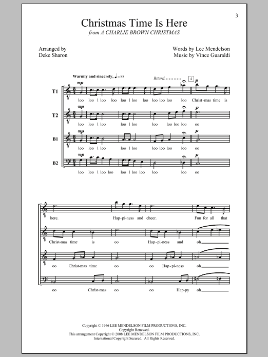 Download Vince Guaraldi Christmas Time Is Here (arr. Deke Sharon) Sheet Music and learn how to play TTBB PDF digital score in minutes