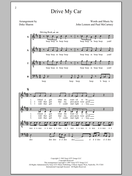 Download The Beatles Drive My Car (arr. Deke Sharon) Sheet Music and learn how to play SATB PDF digital score in minutes