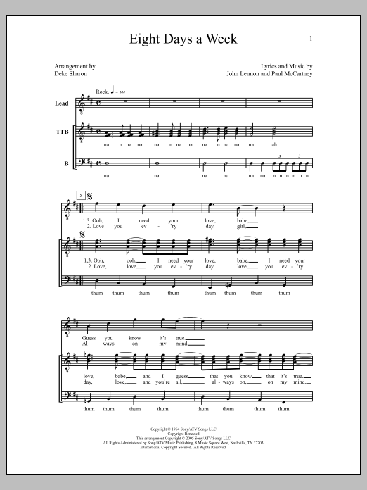 Download Deke Sharon Eight Days A Week Sheet Music and learn how to play TTBB Choir PDF digital score in minutes