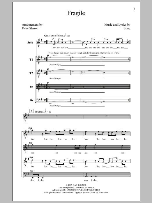 Download Sting Fragile (arr. Deke Sharon) Sheet Music and learn how to play TTBB PDF digital score in minutes