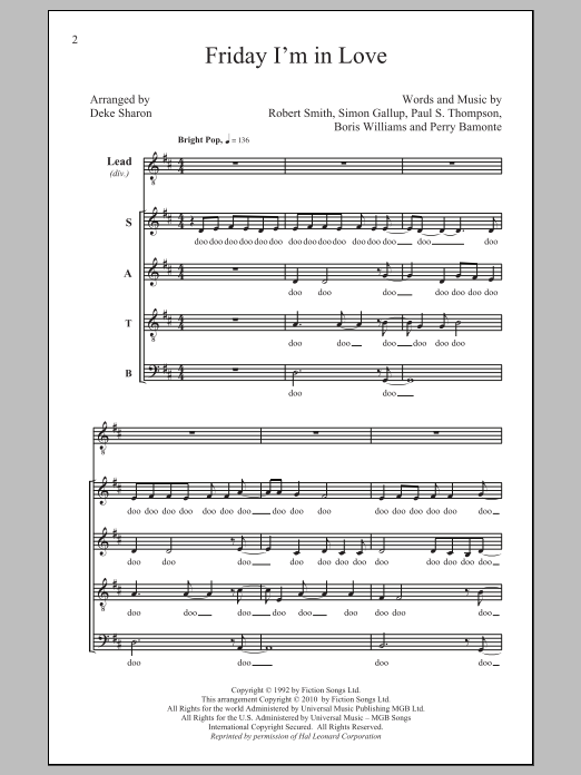 Download The Cure Friday I'm In Love (arr. Deke Sharon) Sheet Music and learn how to play SATB PDF digital score in minutes