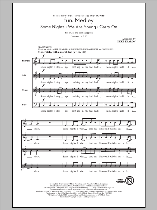 Download Deke Sharon Fun. Medley from the Sing-Off Sheet Music and learn how to play SATB PDF digital score in minutes