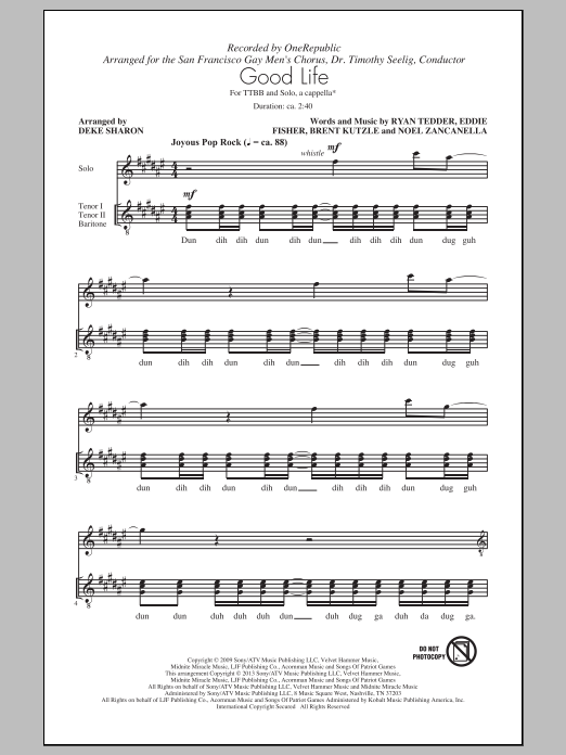 Download OneRepublic Good Life (arr. Deke Sharon) Sheet Music and learn how to play TTBB PDF digital score in minutes