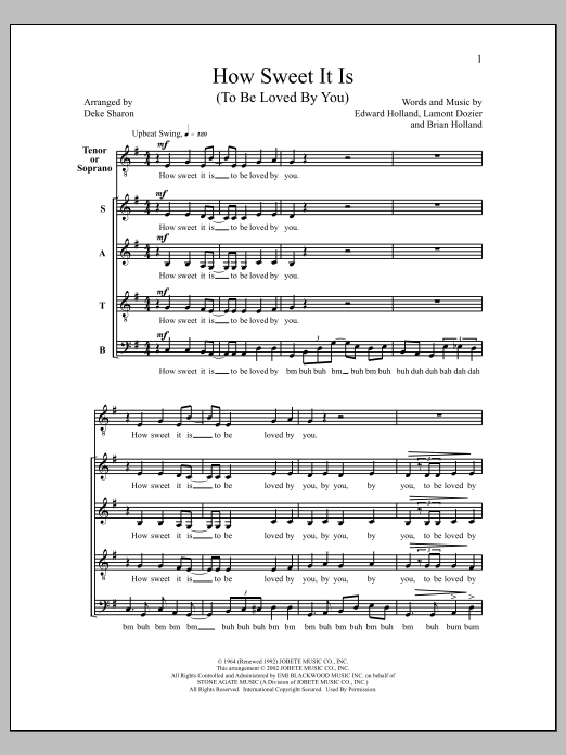 Download Deke Sharon How Sweet It Is (To Be Loved by You) Sheet Music and learn how to play SATB Choir PDF digital score in minutes