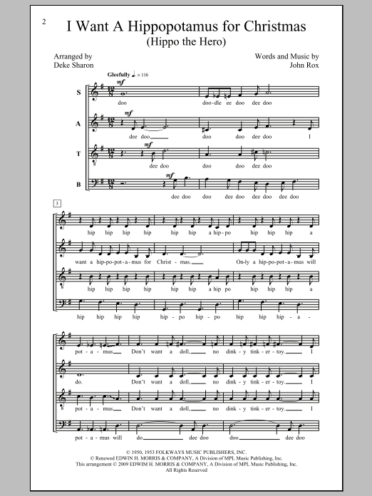 Download Deke Sharon I Want A Hippopotamus For Christmas (Hippo The Hero) Sheet Music and learn how to play SATB PDF digital score in minutes