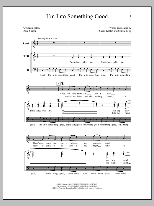 Download Deke Sharon I'm into Something Good Sheet Music and learn how to play TTBB Choir PDF digital score in minutes