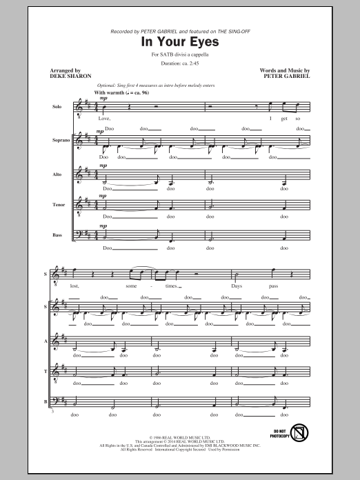 Download Peter Gabriel In Your Eyes (arr. Deke Sharon) Sheet Music and learn how to play SATB PDF digital score in minutes