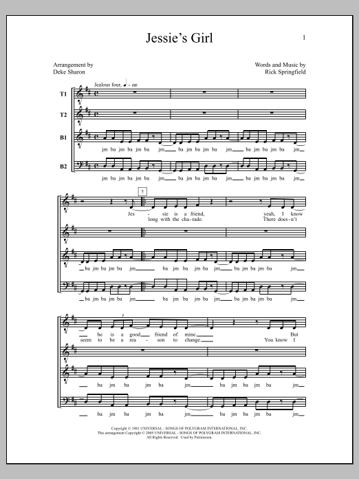 Download Deke Sharon Jessie's Girl Sheet Music and learn how to play TTBB Choir PDF digital score in minutes