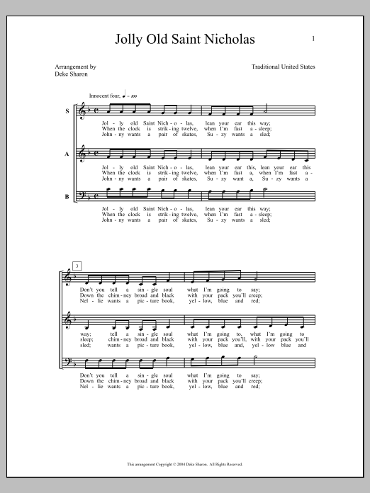 Download Deke Sharon Jolly Old Saint Nicholas Sheet Music and learn how to play SAB Choir PDF digital score in minutes