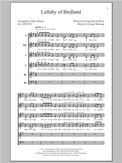 Download George Shearing Lullaby Of Birdland (arr. Deke Sharon) Sheet Music and learn how to play SATB PDF digital score in minutes