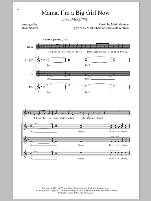 Download Marc Shaiman Mama, I'm A Big Girl Now (arr. Deke Sharon) Sheet Music and learn how to play SSA PDF digital score in minutes