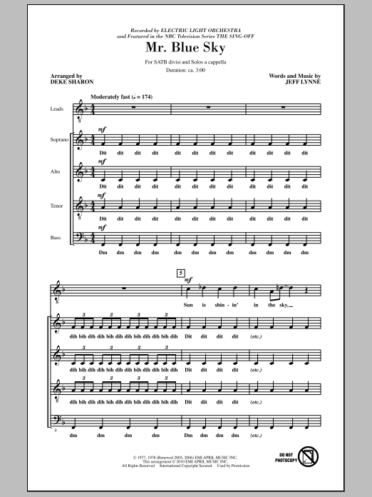 Download Deke Sharon Mr. Blue Sky (from NBC's The Sing-Off) Sheet Music and learn how to play SATB Choir PDF digital score in minutes