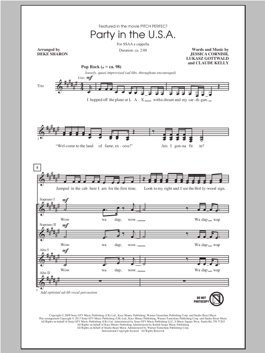 Download Miley Cyrus Party In The U.S.A. (arr. Deke Sharon) Sheet Music and learn how to play SSA PDF digital score in minutes