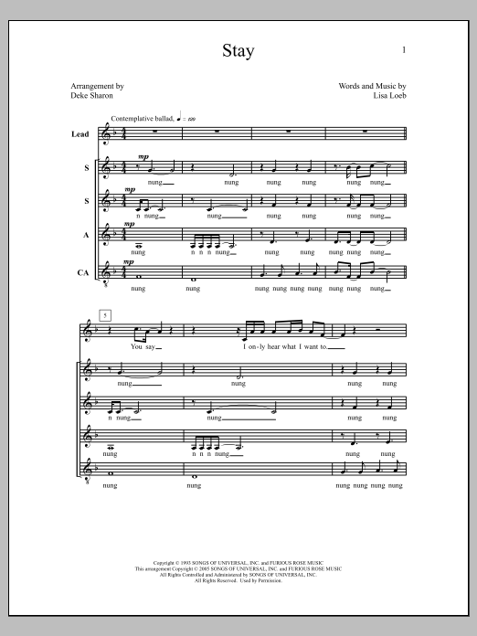 Download Deke Sharon Stay Sheet Music and learn how to play SSAA Choir PDF digital score in minutes
