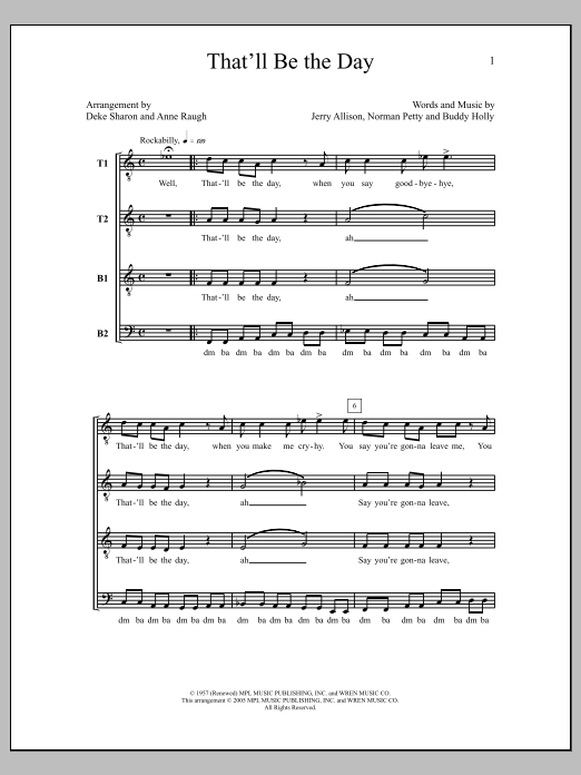 Download Deke Sharon That'll Be The Day Sheet Music and learn how to play TTBB Choir PDF digital score in minutes