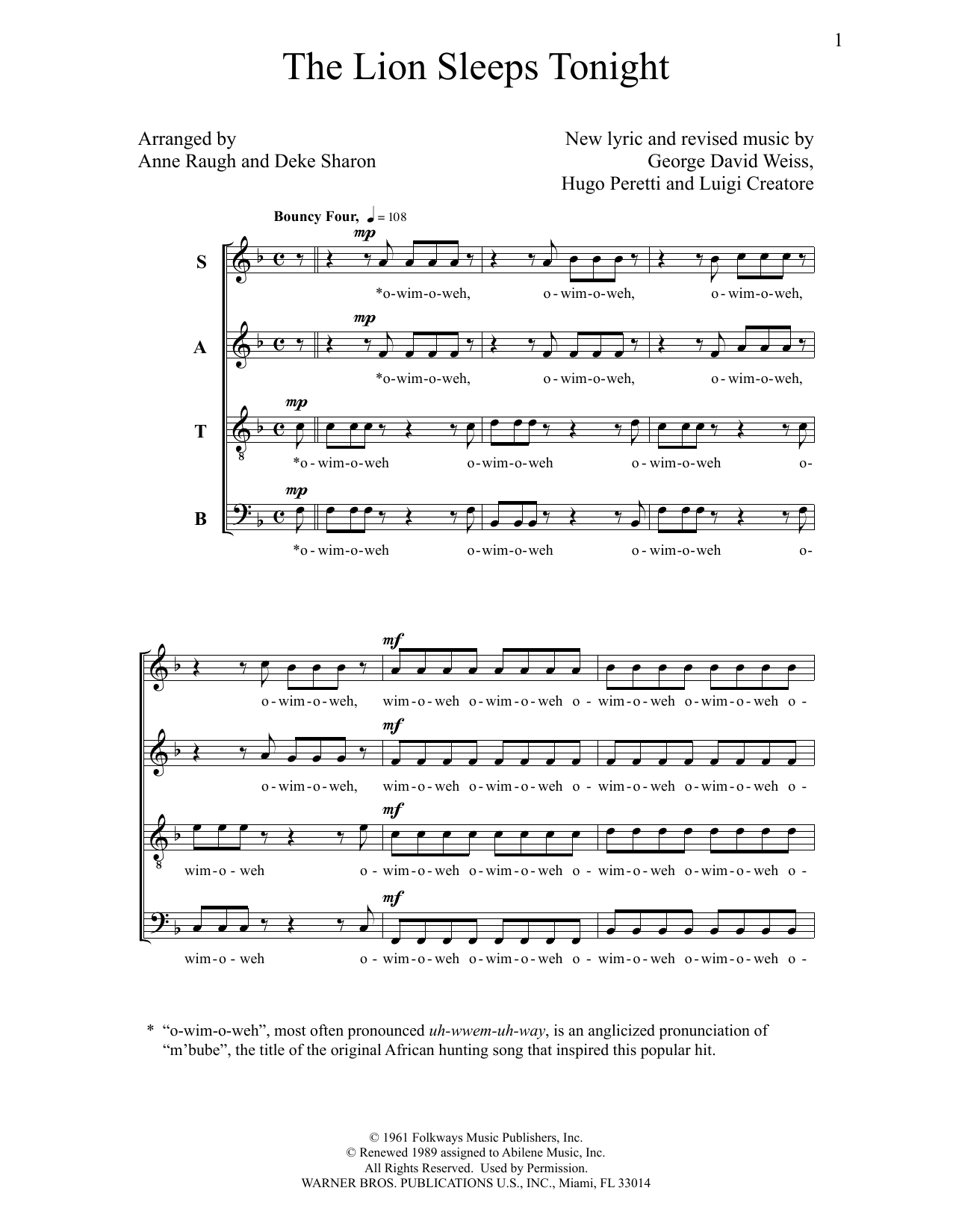 Download Deke Sharon The Lion Sleeps Tonight Sheet Music and learn how to play SATB Choir PDF digital score in minutes