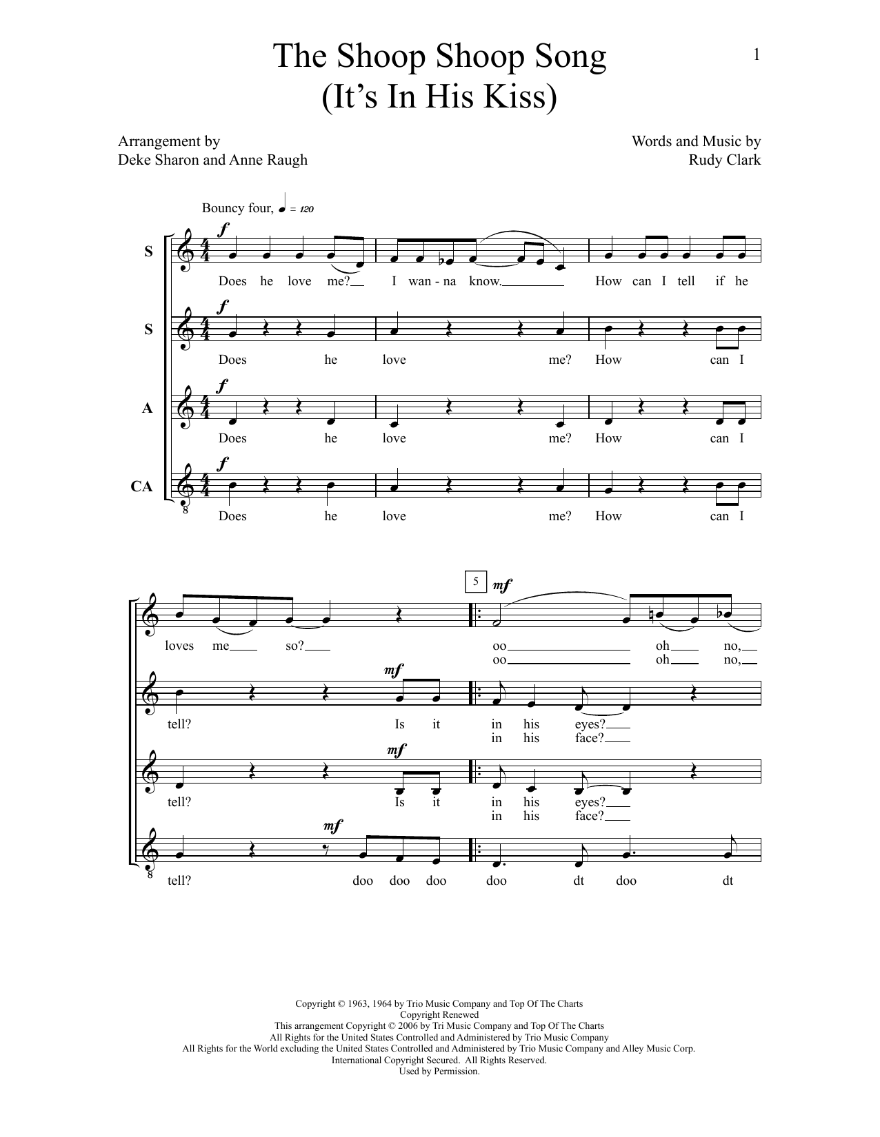 Download Deke Sharon The Shoop Shoop Song (it's In His Kiss) Sheet Music and learn how to play SSAA Choir PDF digital score in minutes