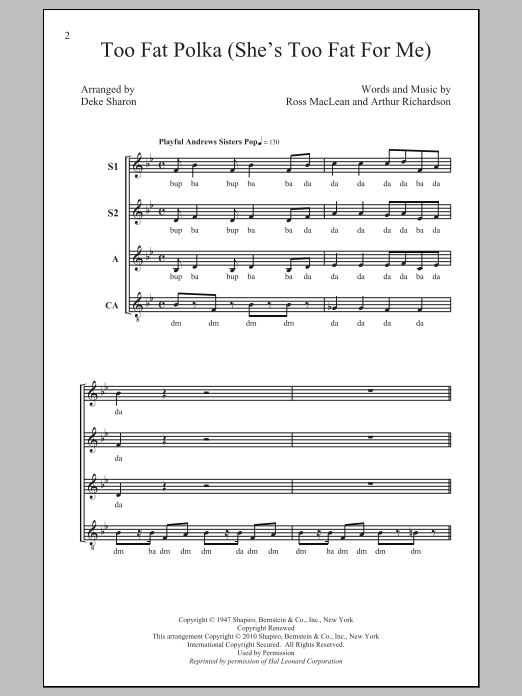 Download Deke Sharon Too Fat Polka (She's Too Fat For Me) Sheet Music and learn how to play SSA PDF digital score in minutes