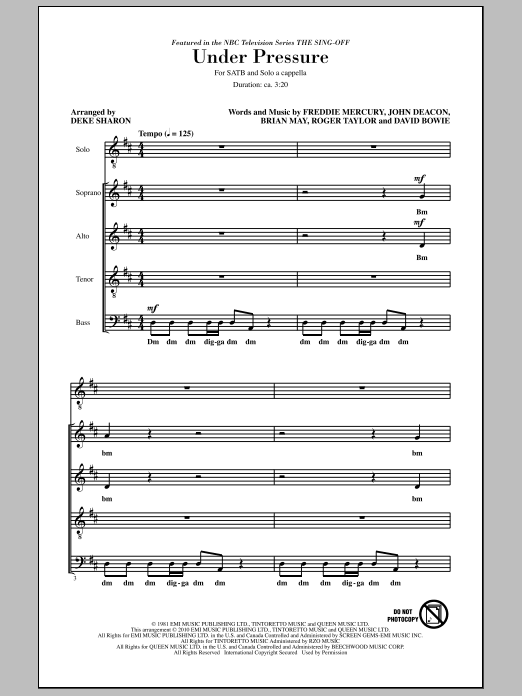 Download Deke Sharon Under Pressure (from NBC's The Sing-Off) Sheet Music and learn how to play SATB Choir PDF digital score in minutes