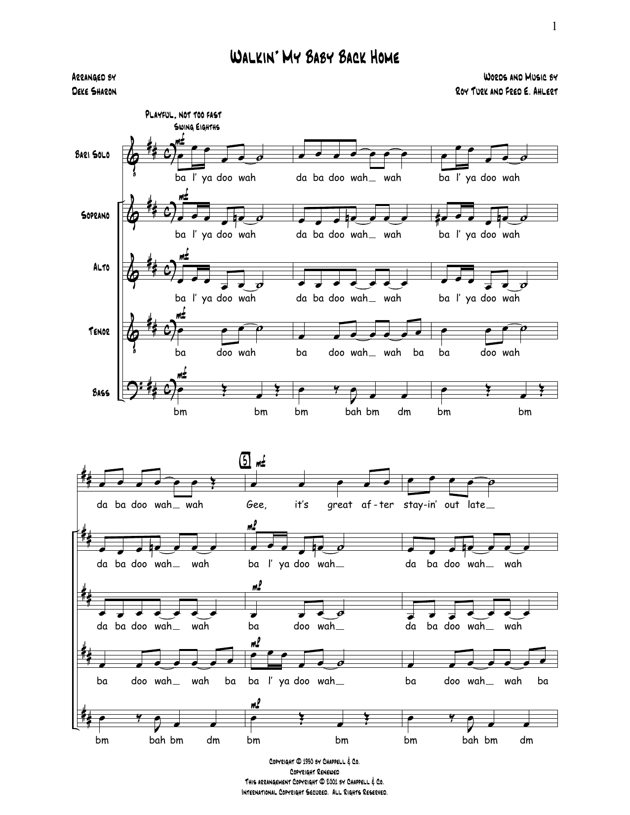 Download Deke Sharon Walkin' My Baby Back Home Sheet Music and learn how to play SATB Choir PDF digital score in minutes