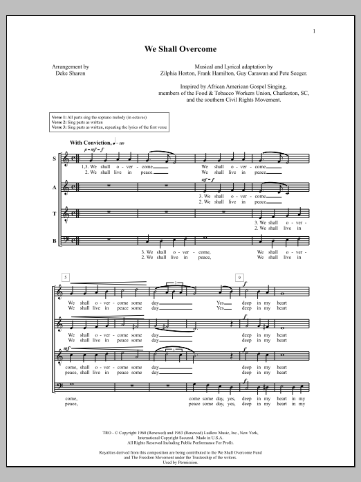 Download Deke Sharon We Shall Overcome Sheet Music and learn how to play SATB Choir PDF digital score in minutes