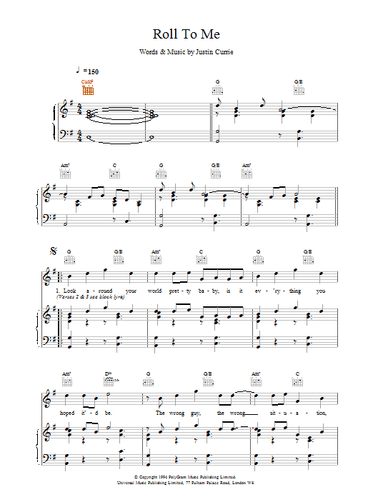 Download Del Amitri Roll To Me Sheet Music and learn how to play Piano, Vocal & Guitar (Right-Hand Melody) PDF digital score in minutes