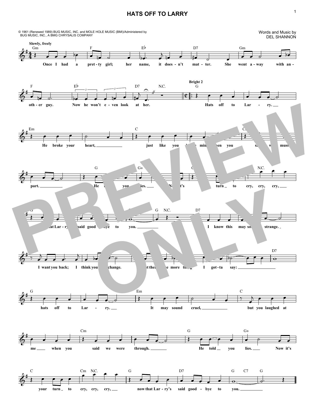 Download Del Shannon Hats Off To Larry Sheet Music and learn how to play Melody Line, Lyrics & Chords PDF digital score in minutes