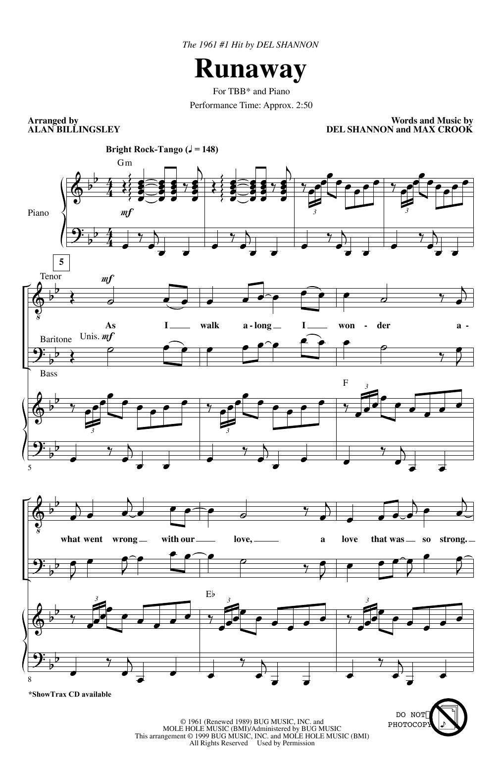 Download Del Shannon Runaway (arr. Alan Billingsley) Sheet Music and learn how to play TBB Choir PDF digital score in minutes