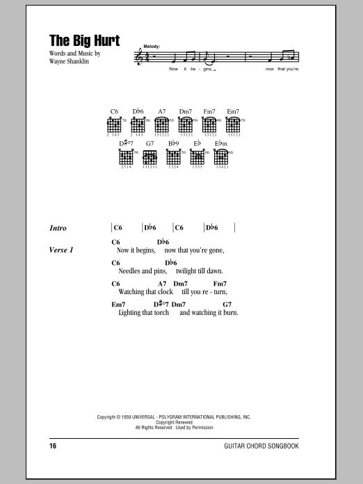 Download Del Shannon The Big Hurt Sheet Music and learn how to play Melody Line, Lyrics & Chords PDF digital score in minutes