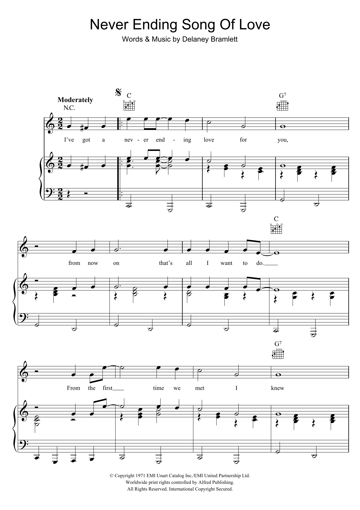 Download Delaney & Bonnie Never Ending Song Of Love Sheet Music and learn how to play Piano, Vocal & Guitar (Right-Hand Melody) PDF digital score in minutes