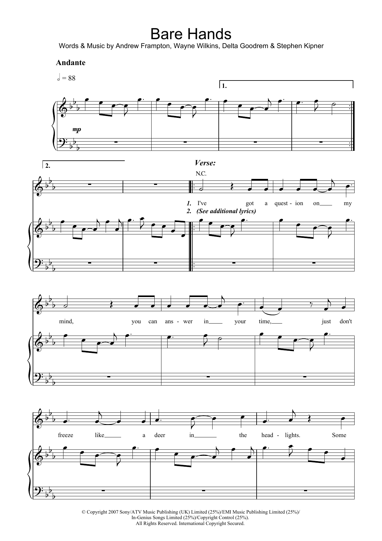 Download Delta Goodrem Bare Hands Sheet Music and learn how to play Piano, Vocal & Guitar PDF digital score in minutes