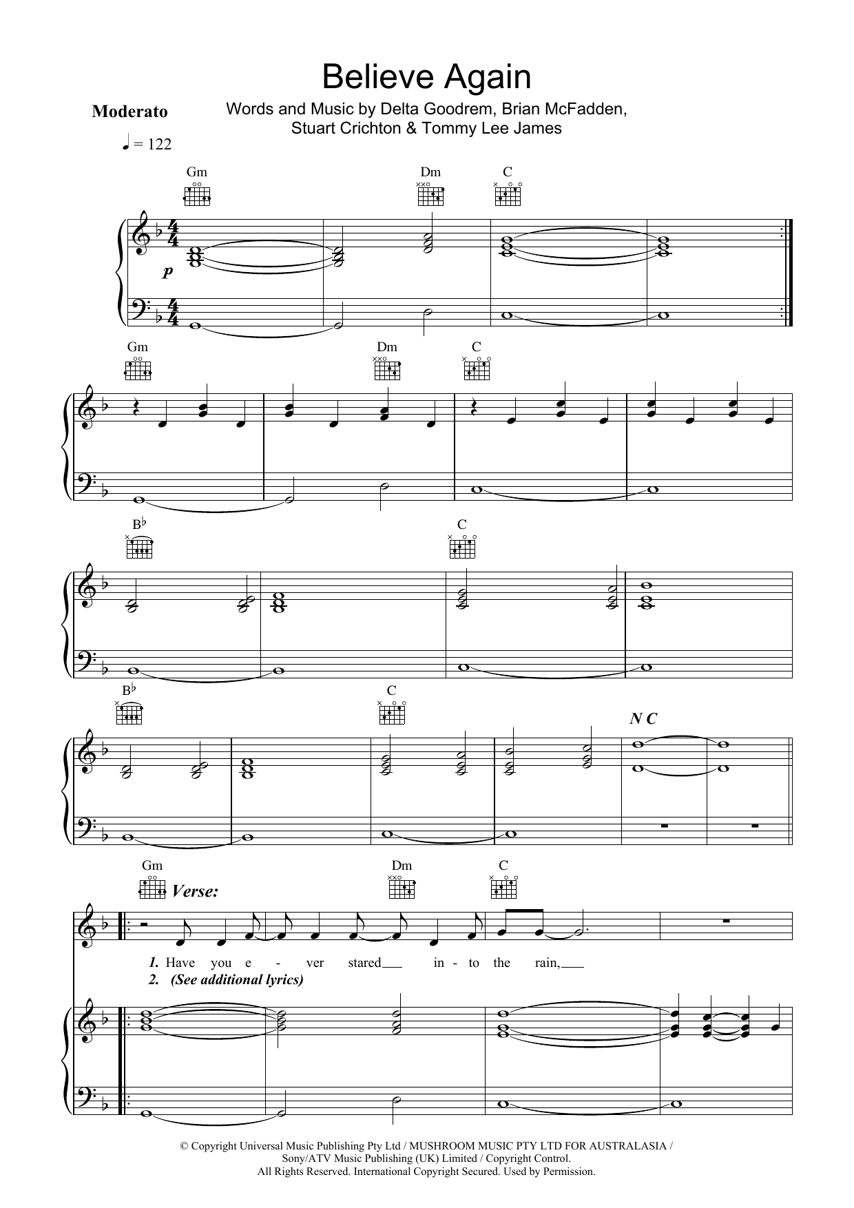 Download Delta Goodrem Believe Again Sheet Music and learn how to play Piano, Vocal & Guitar PDF digital score in minutes