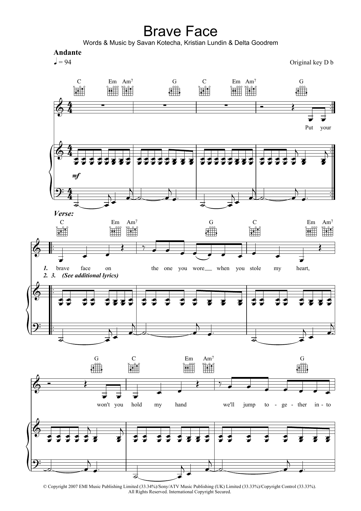 Download Delta Goodrem Brave Face Sheet Music and learn how to play Piano, Vocal & Guitar PDF digital score in minutes