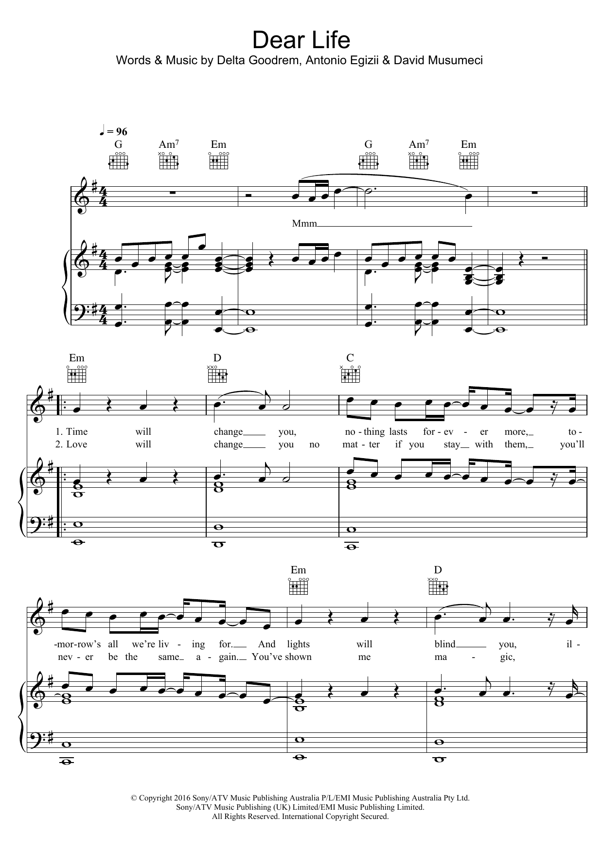 Download Delta Goodrem Dear Life Sheet Music and learn how to play Piano, Vocal & Guitar (Right-Hand Melody) PDF digital score in minutes